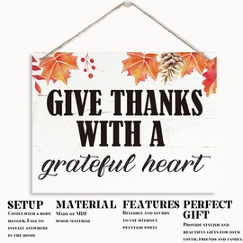 Give Thanks with a Grateful Heart Sign, Thanksgiving Decor, Rustic Wooden Hanging Plaque Sign, Autumn Leaves Decor, Wall Decor Art, Fall Decor, Farmhouse Wood Sign, Home Decor for Thanksgiving Day