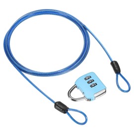 M METERXITY 1-Set Security Cable Lock with 3 Digit Combination Lock, 4.92FT PVC Coated Steel Luggage Lock Wire Rope for Luggage Suitcase/Outdoor Travel/Bike, Double Loop Cable [Blue]