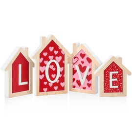 LXDNBGO Valentines Day Decorations - 4 Pcs 3D Wood House Shape Sign, Red and Pink Wooden Tiered Tray Decor, Classic Valentines Day Decor Home Office Shelf Mantel Table