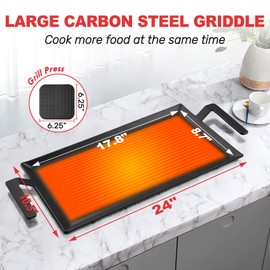 Carbon Steel Griddle Comes with Grill Press, Double Burner Griddle for Gas Stove, Electric Range, Outdoor Gas Grill, Induction, and Oven, Pre-seasoned Nitride Coating Compatible with Made in