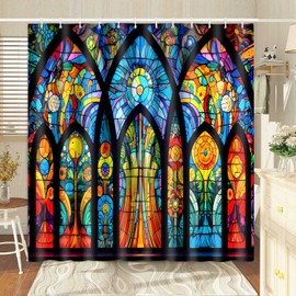 Stained Glass Shower Curtain Medieval European Chruch Cathedral Window Shower Curtains for Bathroom Decor 72x72Inch Washable Polyester Colourful Glass Art Bath Curtain Set with 12HooksYLOKPA1178