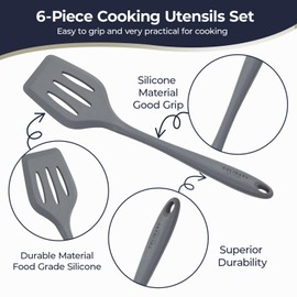 Culinary Couture Grey Silicone Kitchen Utensils Set of 6, Non-Stick Heat-Resistant Silicone Kitchen Utensils Set with Steel Inner Core