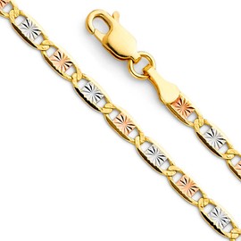 14k Tri Color Gold Solid 2.5mm Valentino Star Diamond Cut Chain Bracelet with Lobster Claw Clasp - 7"