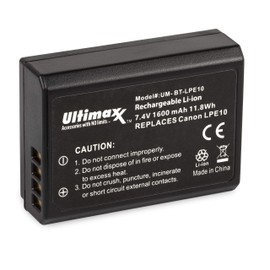 Ultimaxx AC/DC Rapid Home & Travel Charger with 2x LP-E10 Extended Life Battery (1600mAh / 7.4V / 11.8Wh) for Canon EOS Rebel T3, T5, T6, T7, 6D, Kiss X50, Kiss X70, EOS 1100D, 1200D, 1300D, 2000D