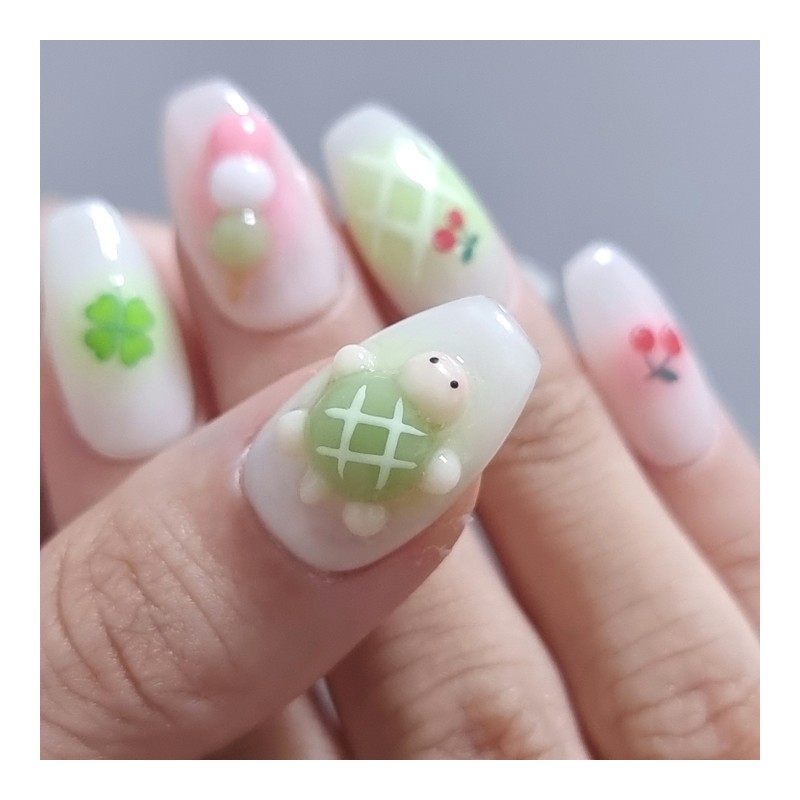 Green tea-eaten turtle handmade nail tip - Petit round /
