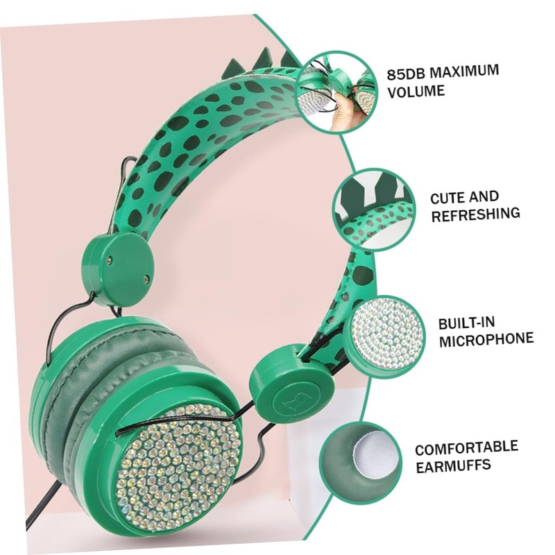 Operitacx Rhinestone Dinosaur Ear Headphones with Mic Soft Earmuffs Volume
