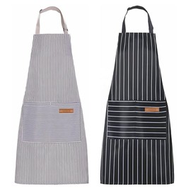 TOMVAES 2 Pack Kitchen Cooking Aprons, Adjustable Soft Chef Apron Washable with 2 Pockets BBQ Drawing Apron Bulk(Black/Grey Stripes)