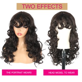 CINHOO Long Dark Brown Curly Wigs for Women with Bangs Brown Shag Wig 22inch Afro Big Bouncy Fluffy Curly Hair Wig for Black Women for Cosplay and Daily Use(Dark Brown)