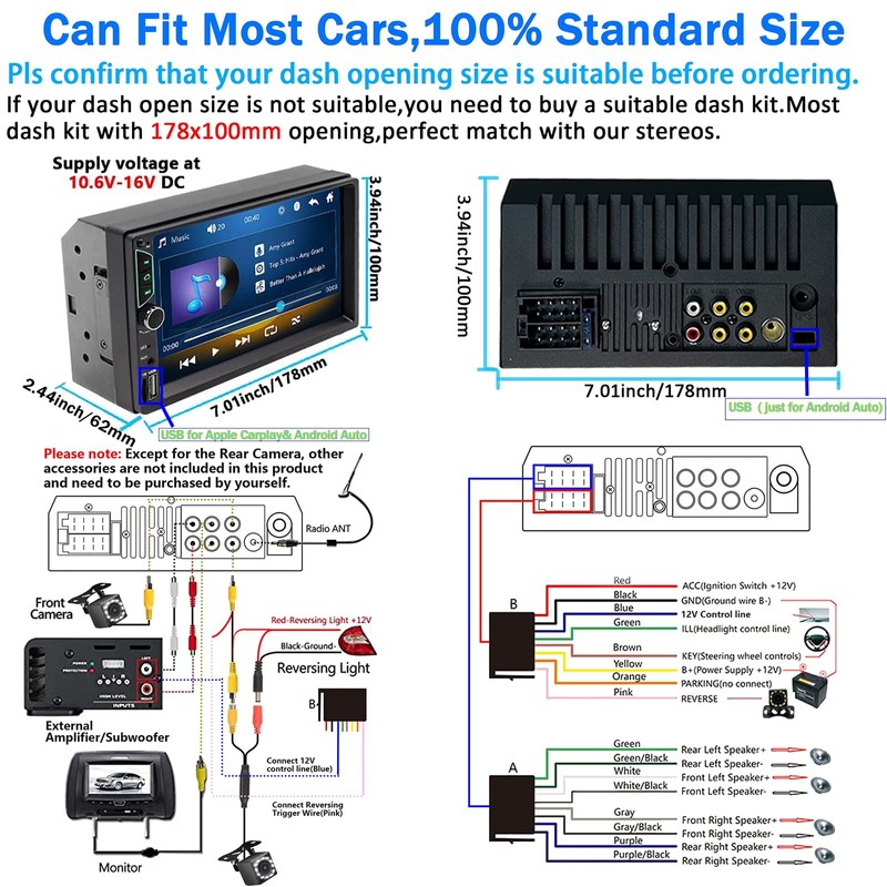 Double Din Car Stereo with Wireless Apple Carplay,Wireless Android Auto,7