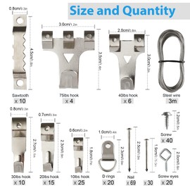DazSpirit 250 PCS Silver Picture Hanging kit, Picture Hooks, Picture Hanging Hooks, Photo Hangers kit, Picture Frame Hangers with Wall Nails, Hanging Wire, Saw Tooth, D Ring, Screw Eyes