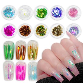 JERCLITY 10 Boxes Gradient Aurora Glass Paper Nail Sticker Foil Nail Art Holographic Glass Reflective Mirror Design Broken Glass Stripe Line Paper Nail Decals Cellophane Films Foils for Nails(Color-2)