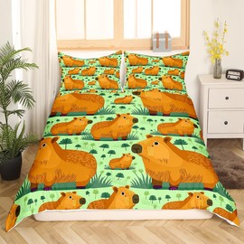 Capybaras Duvet Cover for Capybara Lovers Single,Kawaii Capybara Family Bedding Set,Botanical Plants Comforter Cover,Natural Theme Cute Mouse Rodent Animals Brown Green Quilt Cover Room Decor