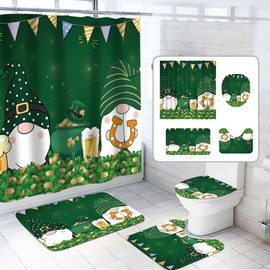 Czrqvyx 4pcs St. Patrick's Day Shower Curtain Set with Non-Slip Rugs Toilet Lid Cover and Bath Mat Shamrock Bathroom Shower Curtain Set Irish Lucky Clover Green Set for Bathroom Decor (Green)