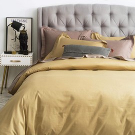 SUSYBAO 3 Pieces Duvet Cover Set 100% Natural Cotton Queen Size 1 Duvet Cover 2 Pillow Shams Solid Gold Luxury Quality Ultra Soft Breathable Comfortable Durable Fade Resistant Bedding with Zipper Ties