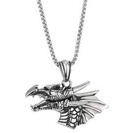 COOLSTEELANDBEYOND Men Steel Vintage Pterosauria Dinosaur Dragon Head Horn Tusk Pendant Necklace with 30 in Wheat Chain