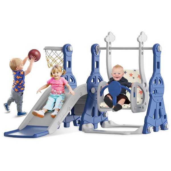 BIERUM 4 in 1 Toddler Slide and Swing Set, Kid Slide for Toddlers Age 1+, Baby Slide with Basketball Hoop, Indoor Outdoor Slide Toddler Playset Toddler Playground Blue