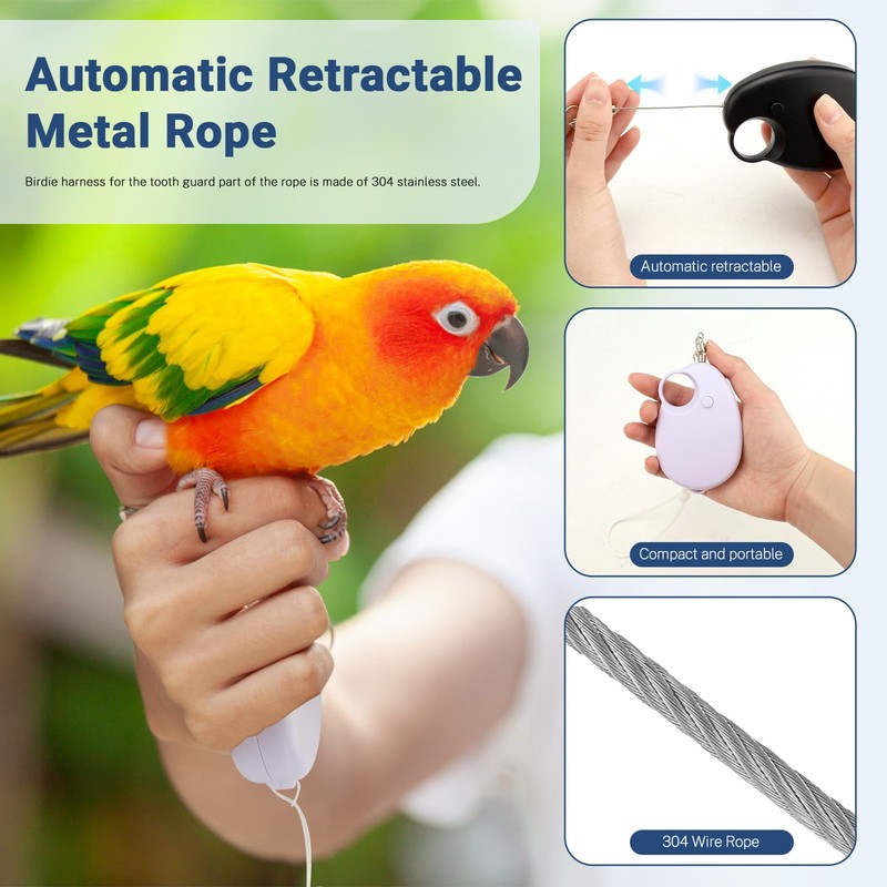 Realand 19.7FT Auto Retractable Bird Leash, Anti-Bite Wire Bird Harness,