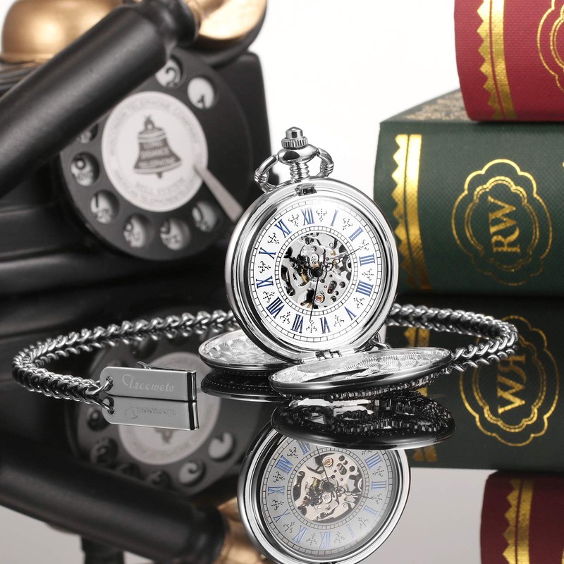 TREEWETO Mens Antique Skeleton Mechanical Silver Pocket Watch Dragon Hollow