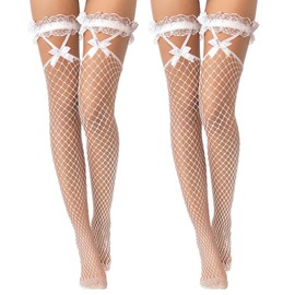 2 Pairs White Stockings for Women Lace Top White Stockings with Bow, Fishnet Stockings for Women, Hold Up Stockings for Women Thigh High Stockings for Women Cosplay Costumes Daily Favors