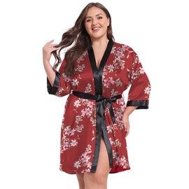 Taylor Eddie Womens Plus Size Silky Satin Kimono Robe Floral Short Bride Bridesmaid Bathrobe Soft Sleepwear