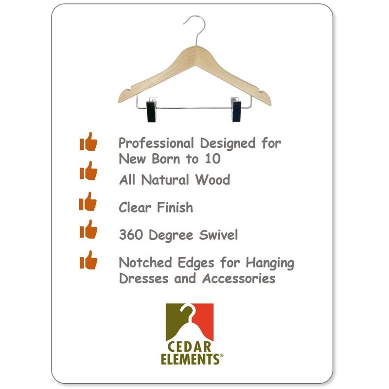 Kids Hangers with Metal Clips Pant Bar 4T-10 (Natural Wood)