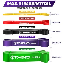 TOMSHOO Kit de 5pcs Bandas de Resistencia Elástica, 1 Anclaje Puerta, 1 Manija con Bolsa de Transporte para Yoga Pilates Entrenamientos Muscular