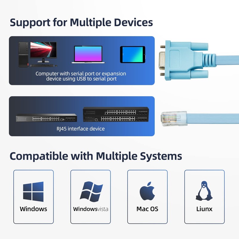 RJ45 to DB9 Console Cable, 1.8m/6ft RS232 to RJ45 Console