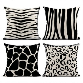 Heyqqo Set of 4 Cushion Covers Linen Assorted Animal Print Tiger Giraffe Zebra Pillowcases Square Soft Home Decor Design Throw Pillow Cases Sofa Bedroom 18x18 Inch
