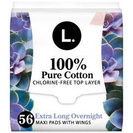 L. Extra Long Maxi Pads for Women, Overnight Absorbency, Organic Cotton Top Layer, Unscented Pads with Wings, 56 Count (2 Packs of 28)