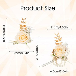 Wrist Corsage and Boutonniere Set, Flower Wrist Corsage Bracelets, Boutonniere for Women and Men, Wedding Bridal Flower Hand Decor for Bridal Shower, Wedding, Prom, Suit, Party, Homecoming (Champagne)