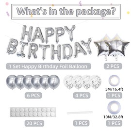 ENKU Silver Foil 16" Letter Happy Birthday Banner - KIds Party - Happy Birthday Bunting - Happy Birthday Balloons For Birthday Party Decorations - Foil Star Latex Helium Confetti Balloons