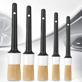 Car Detailing Brush Set, 5-Piece Boar Hair Car Cleaning Brushes for Interior Air Vents, Dashboard, Wheels, Rims and Crevices, Black Handles