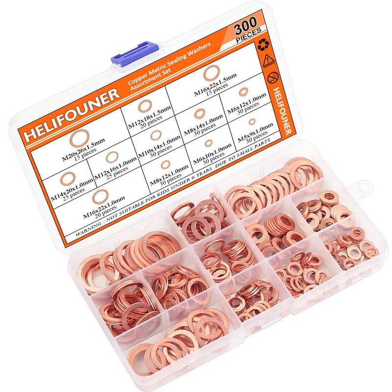 Copper Washer Assortment Set, HELIFOUNER 300 Pieces 12 Sizes Copper