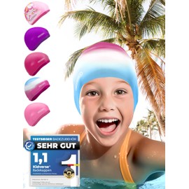 KIDVERSE Girls' Swimming Cap, Waterproof, for Children with Non-Slip Nubs, UV Protection, 100% Tear-Resistant, (Blue/White/Pink, M)