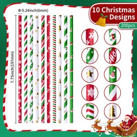 Christmas Paper Straws, 10 Styles Red Green Gold Christmas Straws Snowflakes Tree Decoration Straws for Christmas, New Year, Holiday, Party, Pack of 200 (Christmas x 200)