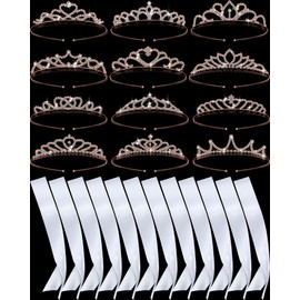 12 Blank Sashes and Tiara Set Prom Queen Satin Sashes for Pageants Rhinestone Tiara Crown White Blank Sash DIY for Birthday Wedding Beauty Pageant Prom Graduation Party Supplies (White, Rose Gold)