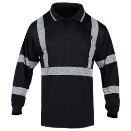 FONIRRA Safety Polo Shirts for Men Reflective High Visibility Long Sleeve with Pockets ANSI Class 2 Hi Vis Construction Work Shirts Black
