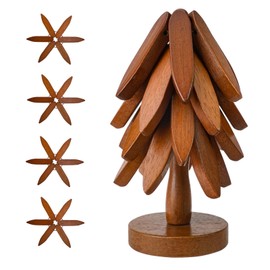 4 Wooden Trivets for Hot Dishes with 1 Stand, Table Insulation Mat for Pans Pots Bowl Cups Heat Resistant Pads for Kitchen Table, Easy Stored Like a Christmas Tree (Walnut Wood)
