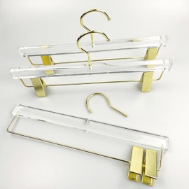 Gamvdout 10 Pieces Acrylic Pants Hanger with Gold Clip and 360 Degree Rotatable Gold Hook, Transparent Standard Pants Rack Suitable for Wedding,Skirt,Clothing Stores