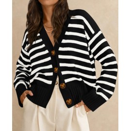 PRETTYGARDEN Women's Long Sleeve Striped Open Front Cardigan Sweaters Button Down Knit Lady Jackets 2024 Fall Outfits (Striped Black White, Medium)