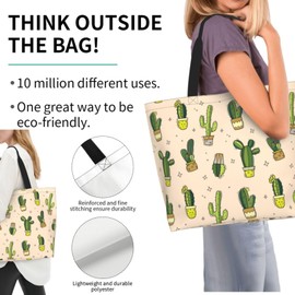 Cuczpau Cactus Cartoon Cute Light Yellow Tote Bag Beach Bag for Women Reusable Grocery Large Shopping Shoulder Travel Handbag