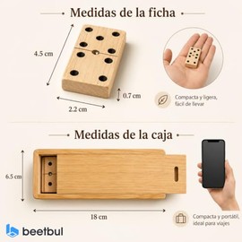 Beetbul Dominó de Madera Artesanal con Caja de Pino, 28 Piezas, Juego Portátil para Todas Las Edades
