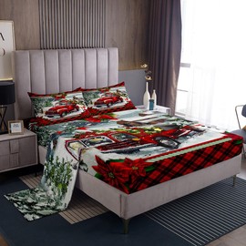 Homewish - Juego de sábanas de Navidad para camión de tamaño individual, diseño de cuadros rojos, 3 piezas, diseño de árbol de pino, con vista a la nieve, paquete profundo, sábana bajera ajustable