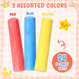 MotiMind 72 Pcs 24 Set Sidewalk Chalks 3 Colors Jumbo Non-toxic Washable Chalk Sticks for Pavement Classroom Outdoors Art Play Painting Party Favors Summer Gift, Blue Red Yellow