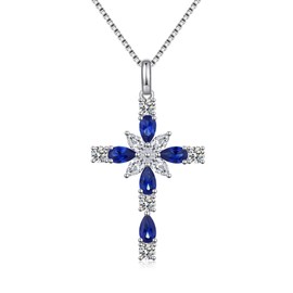 JiaYangJY Sterling Silver Cross Necklace for Women, September Sapphire Cubic Zirconia Double Cross Pendant Faith Jesus Christians Jewelry