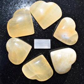 Zenergy Gems [1] One Charged 2" Peruvian Honey Calcite Crystal Hand-Carved Pocket Heart + Selenite Charging Heart [Included]