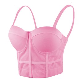 ELLACCI Women's Mesh Bustier Crop Top Push Up Corset Tops Bra Pink Medium