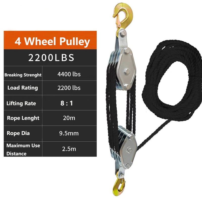 Wheel Block and Tackle System 4000LB Breaking Strength 65 Feet