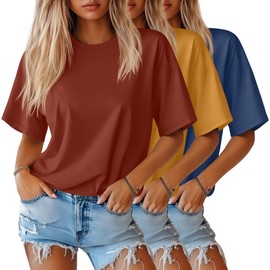 Huukeay 3 Pack Women's Half Sleeve T-Shirts, Crew Neck Elbow Length Tops Loose Casual Basic Tees Summer Cotton Tunic Tops(Orange Red, Autumn Leaf Yellow, Dark Blue,X-Large)