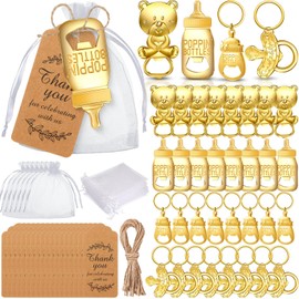 Pickmesh 32 Pcs Popping Bottle Openers Baby Shower Return Favors for Guests Bear Footprint Pacifier Baby Bottle Openers Souvenirs with Organza Bags Thank You Tags for Theme Party Supplies(Gold)